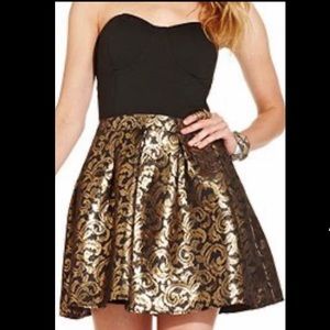 Strapless Gold and Black Brocade Party Dress Size XS
